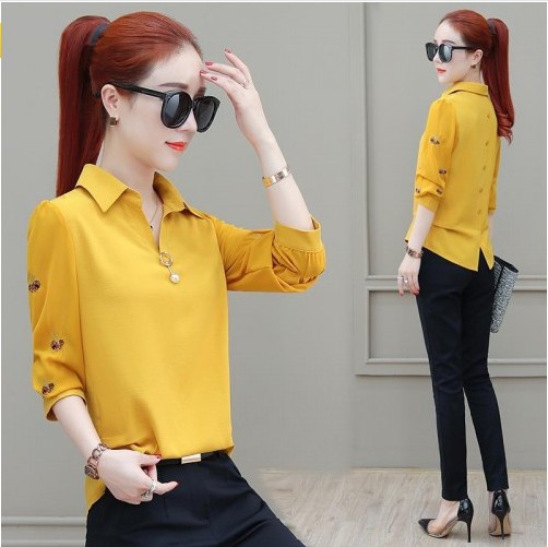 Women Spring Summer Style Chiffon Blouse Shirts Lady Casual Long Sleeve Turn down Collar Embroidery Blusas Tops DF3180